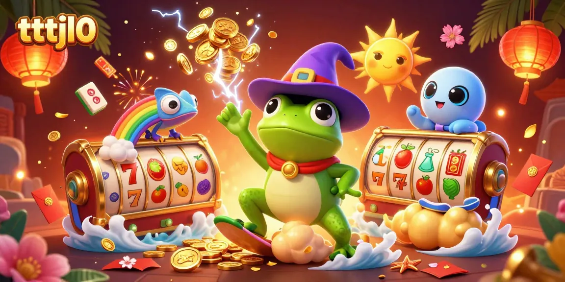 tttjl0 showcases a dynamic 3D illustration of a weather wizard frog and chameleon in a vibrant casino scene filled with gold coins.