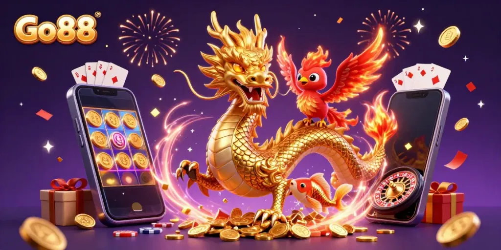 Experience the thrill of Go 88 with a dazzling dragon, phoenix, and koi in an exhilarating casino scene.