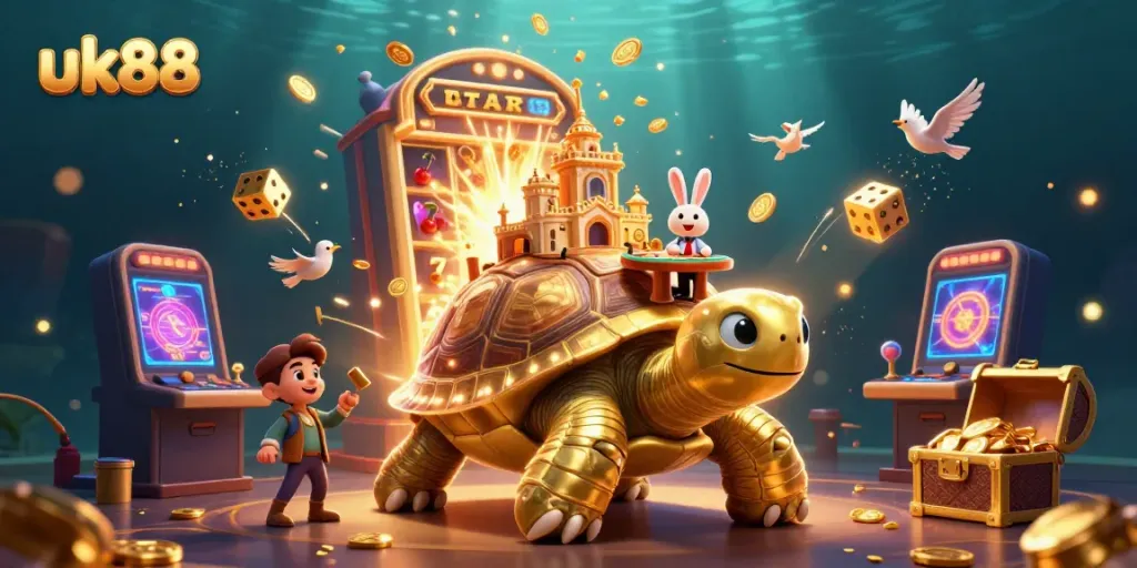 Experience the vibrant casino atmosphere at uk88 with golden tortoises, dealers, and coins.