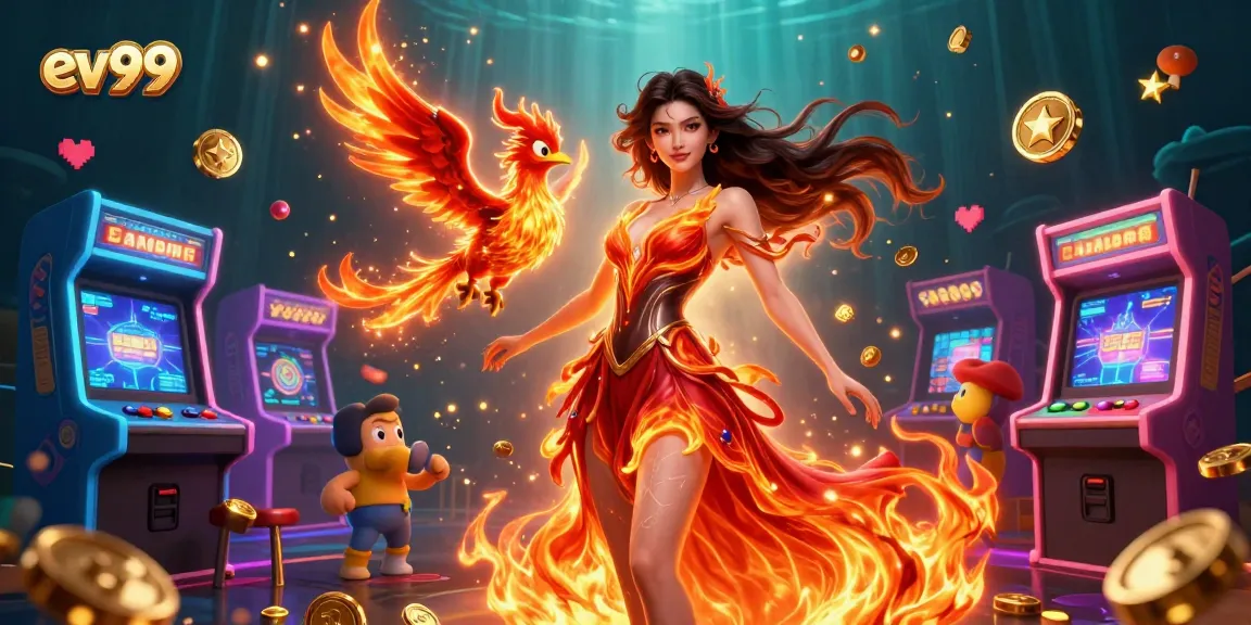 ev99 presents an exciting 3D illustration of an Asian woman and magical phoenix amid dynamic gaming elements.
