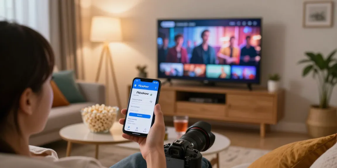 Pikashow APK download scene with a person streaming movies on a smart TV in a cozy living room setting.