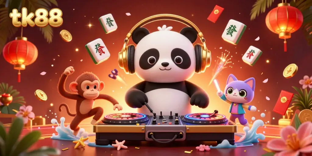 Engage in exciting gaming with tk88, featuring a DJ panda and vibrant festival elements.