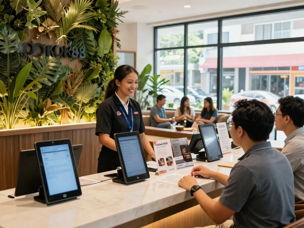 ROKOK88 login hospitality scene with friendly receptionist assisting guests.