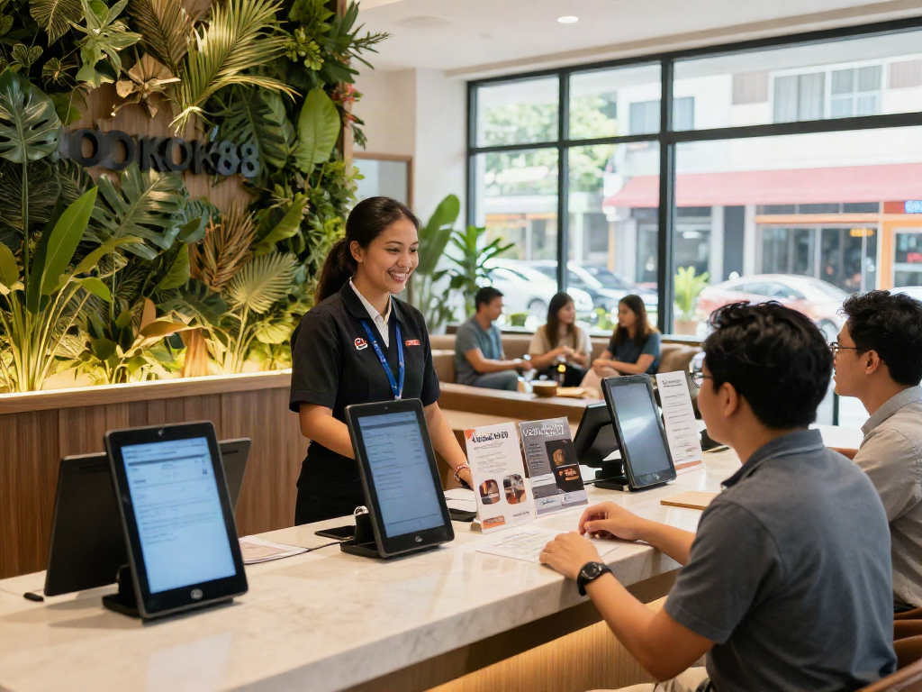 ROKOK88 login hospitality scene with friendly receptionist assisting guests.