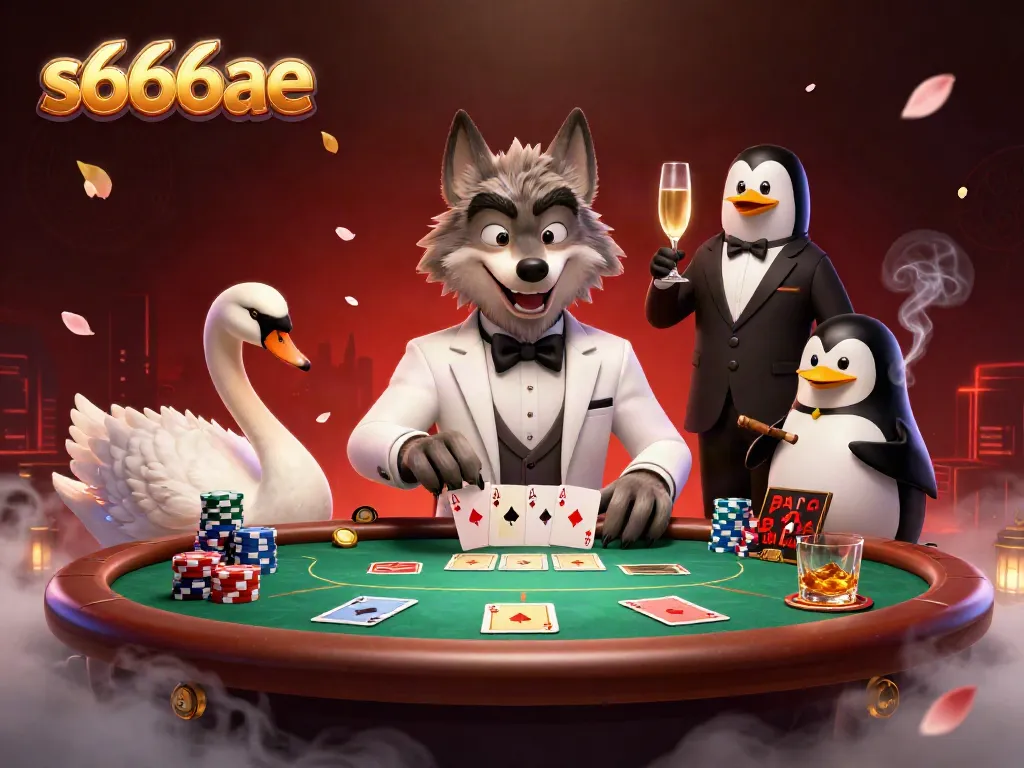 Experience thrilling baccarat action at s666ae, featuring a stylish wolf, elegant swan, and sophisticated penguin in a vibrant casino