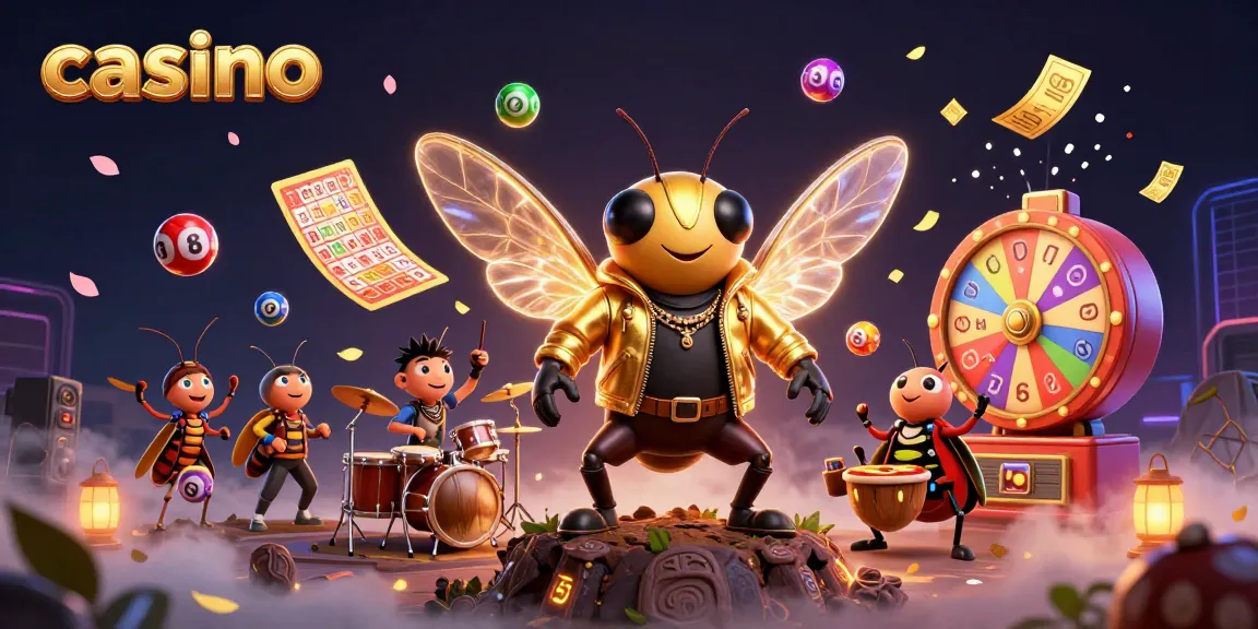 Catching casino excitement with a 3D cartoon cicada rock star and dynamic game elements.