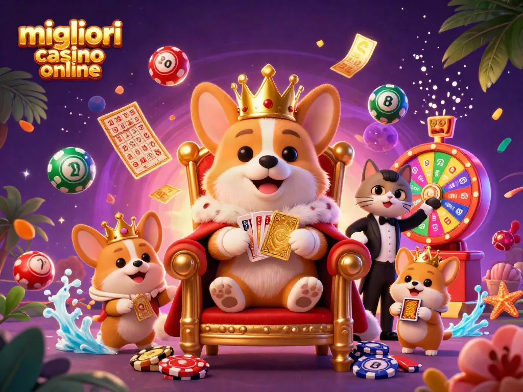 I migliori casino online offrono esperienze uniche e promozioni entusiasmanti, come questo trono di fiches con corgi reali e carte d'oro in un'illustrazione vivace.