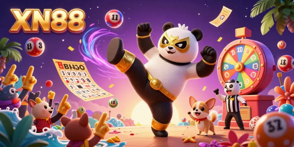 Experience the thrill of winning with XN88 as a panda wrestler kicks while colorful lottery balls bounce around in this 3D casino scene.