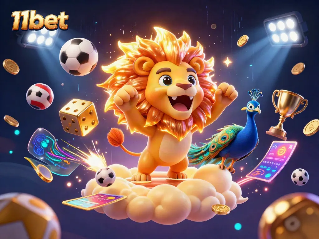 Experience thrilling moments with 11bet in this vibrant sports betting scene featuring a roaring lion.