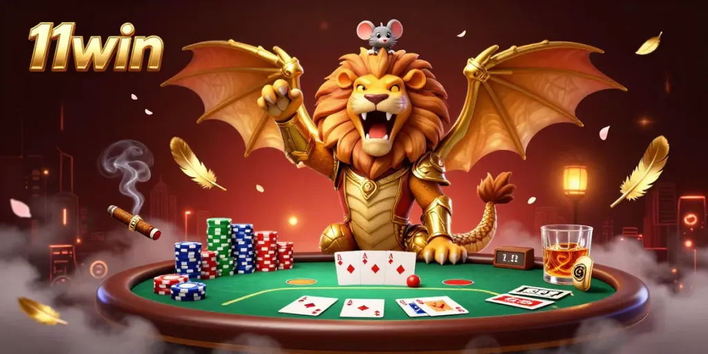 Experience thrilling gameplay with 11win as a golden chimera roars atop a vibrant poker scene.