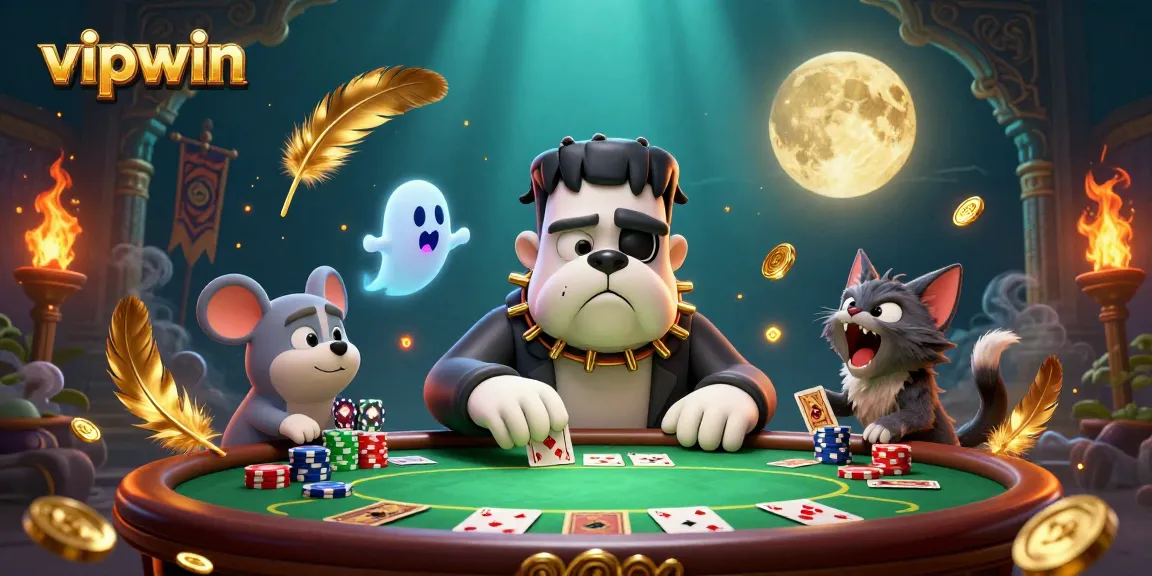 Experience thrilling poker action with vipwin's vibrant casino scene featuring playful characters and gold.