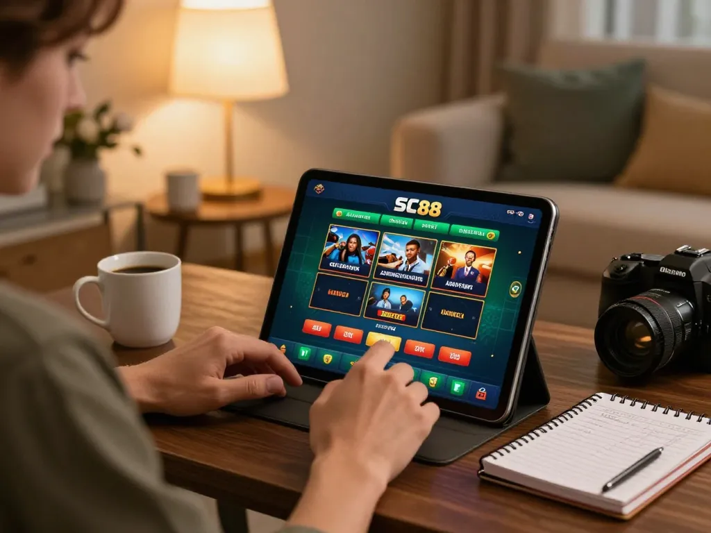 Player enjoying SC88 online gambling on a tablet in a cozy living room, showcasing strategic gameplay.