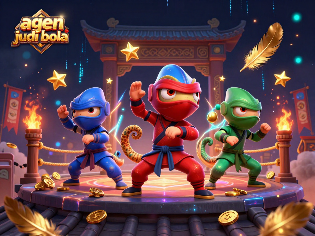 Synchronized martial arts action by ninja chameleons in a vibrant 3D scene for agen judi bola, enhancing casino excitement.