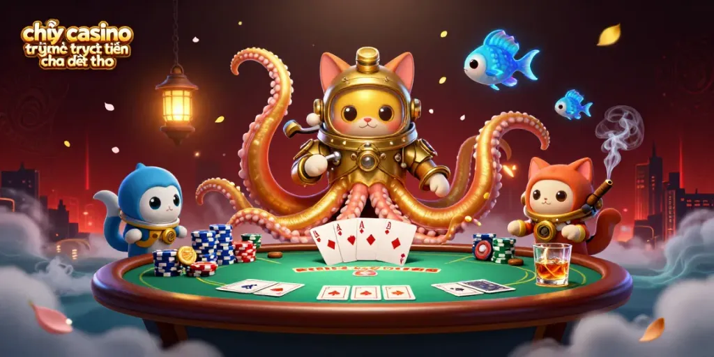 Chơi casino trực tuyến trên điện thoại với biểu tượng kraken và các yếu tố bài bạc nổi bật.