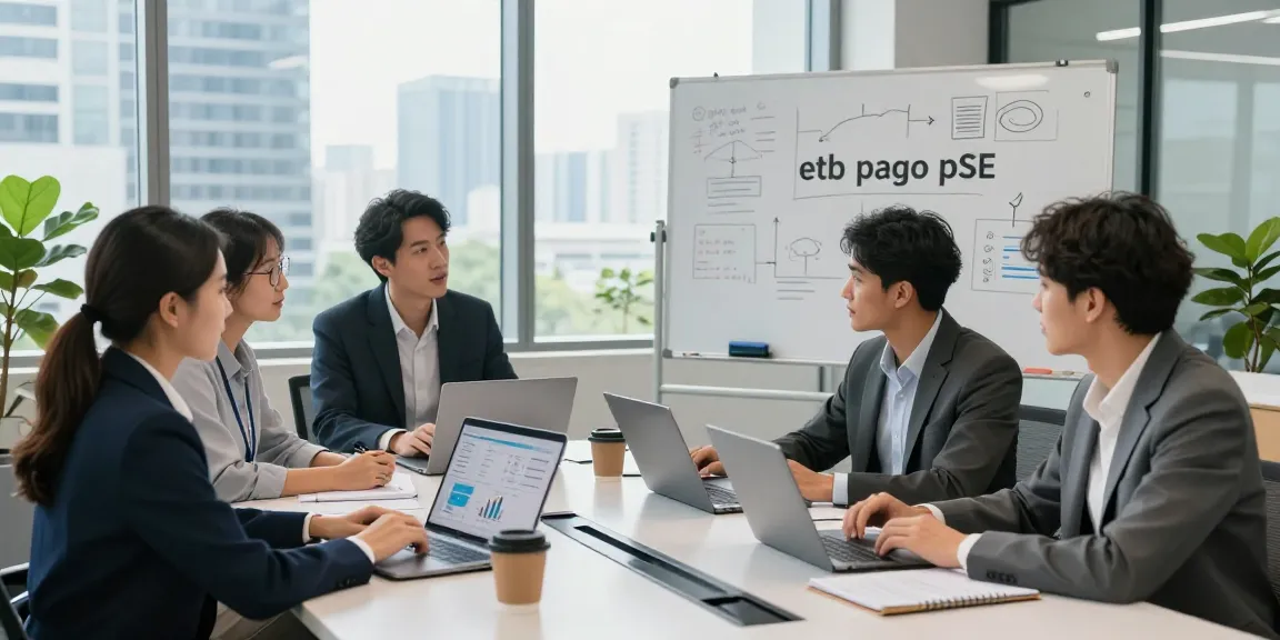 Equipo trabajando en soluciones de etb pago pse en una oficina moderna.