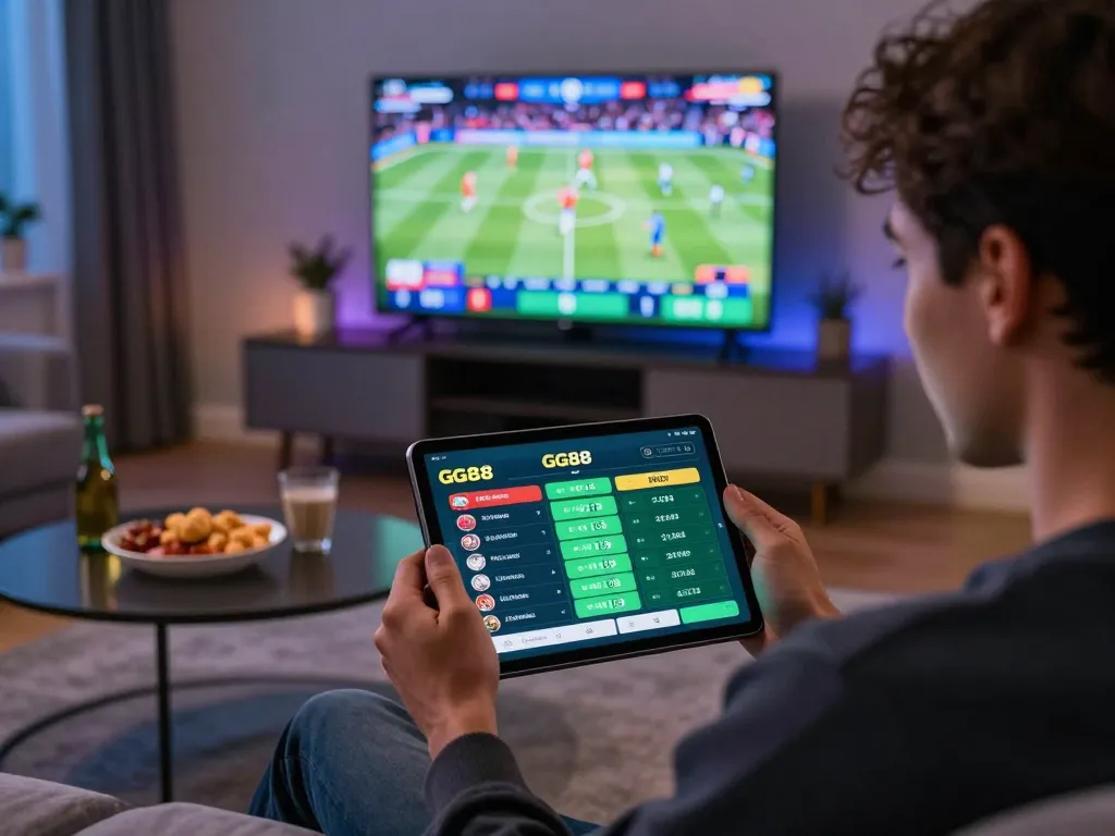 Experience the thrill of betting with GG88 on a smart tablet in a cozy living room setting.