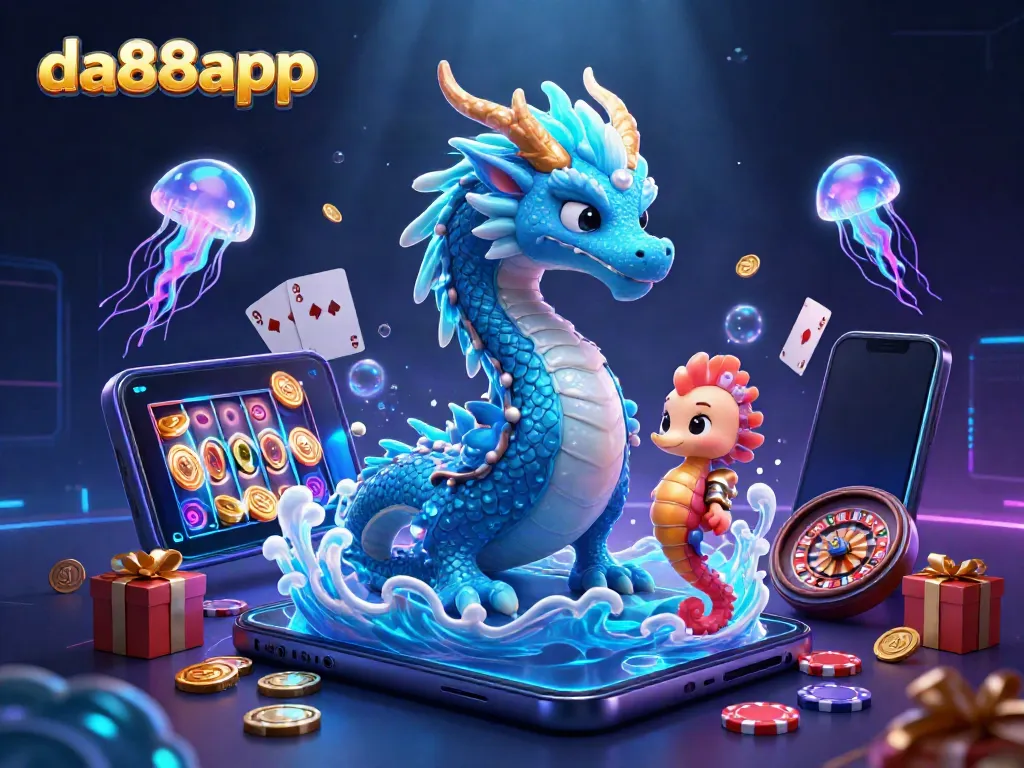 Engage with the magical world of da88app, featuring an azure water dragon and coral armored seahorse amidst vibrant casino elements.