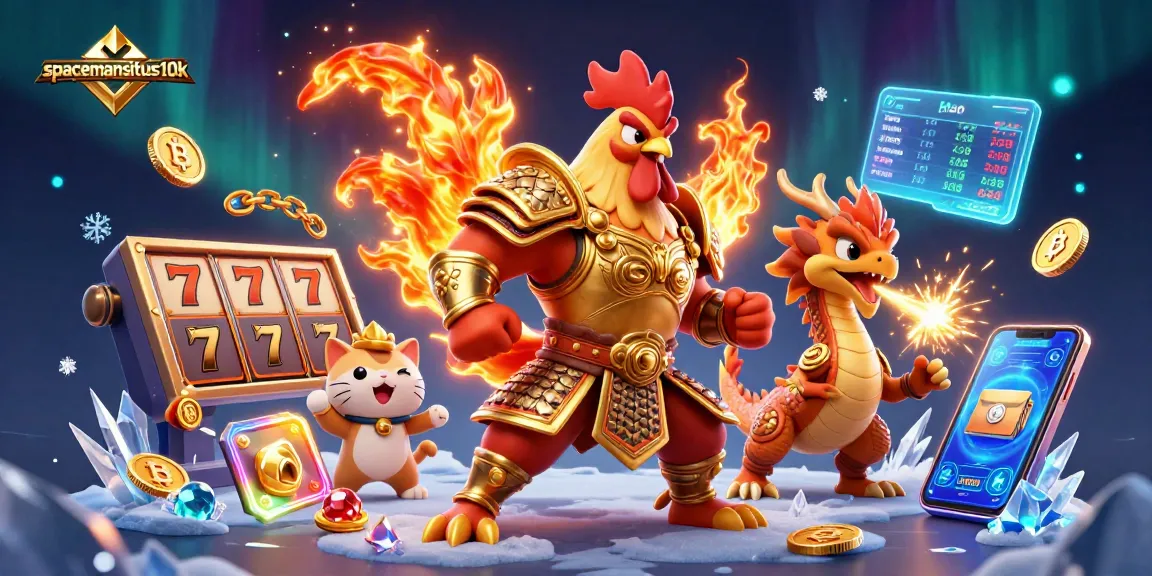 Play slots with spacemansitus10k; dynamic illustration featuring warriors and crypto elements.