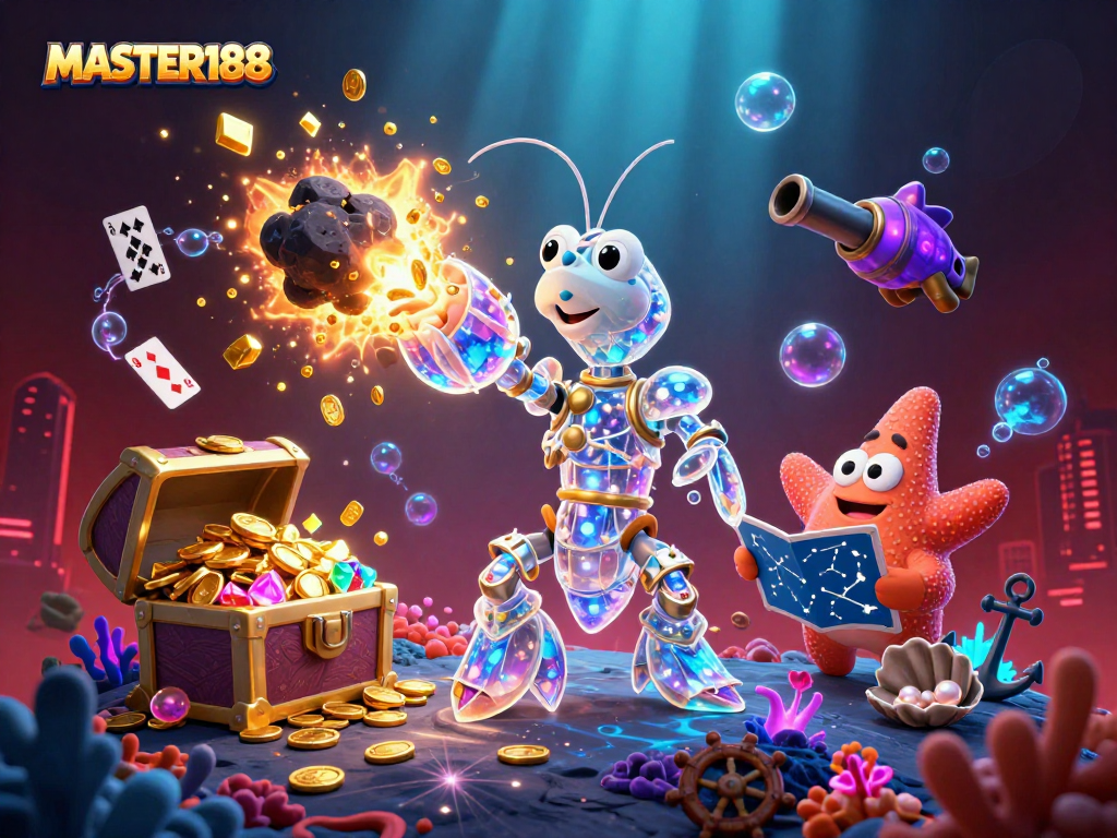 Engage in thrilling gaming with MASTER188, featuring elements from a vibrant underwater casino scene.