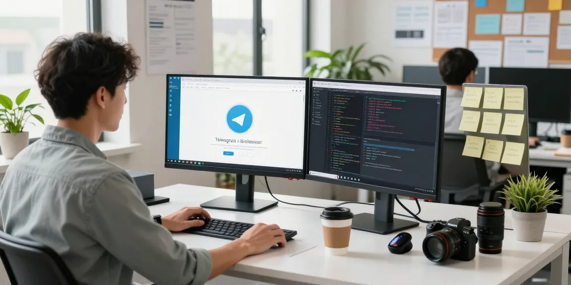 Developer using Telegram下载 on multiple screens in a tech workspace, showcasing productivity and innovation.