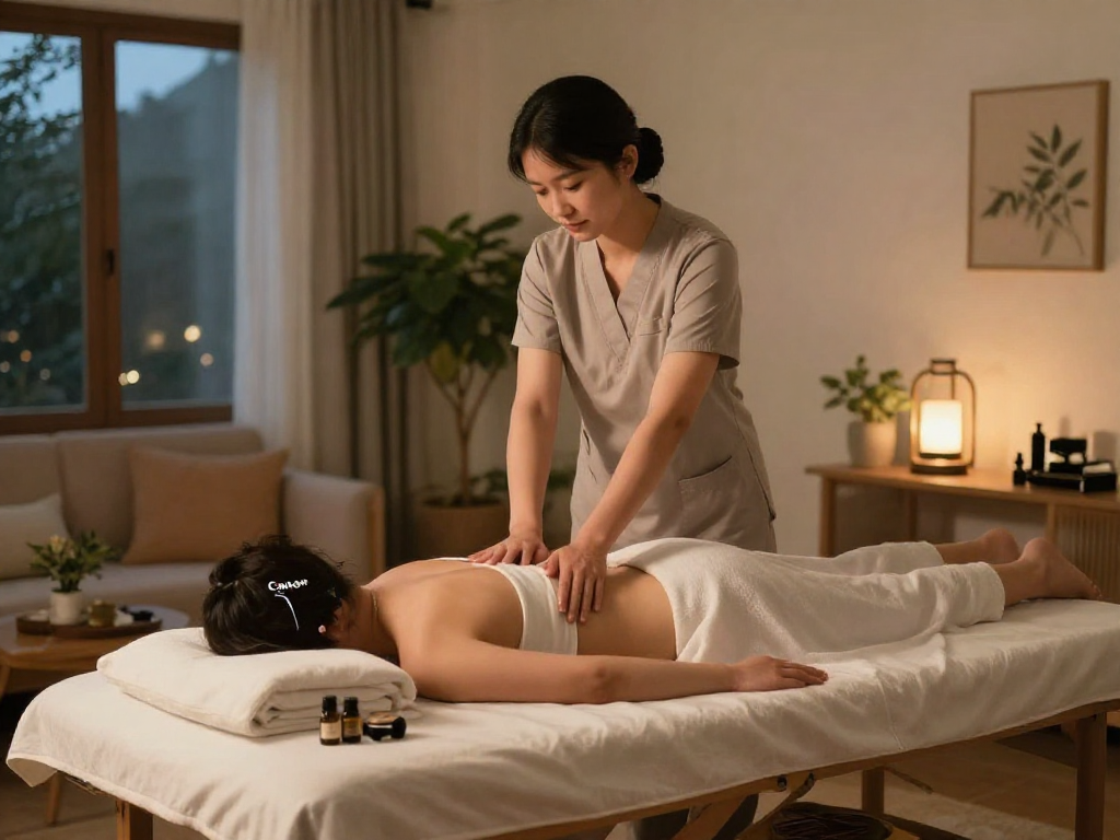 Relaxing 화성출장마사지 home setting with professional therapist and calming ambiance.