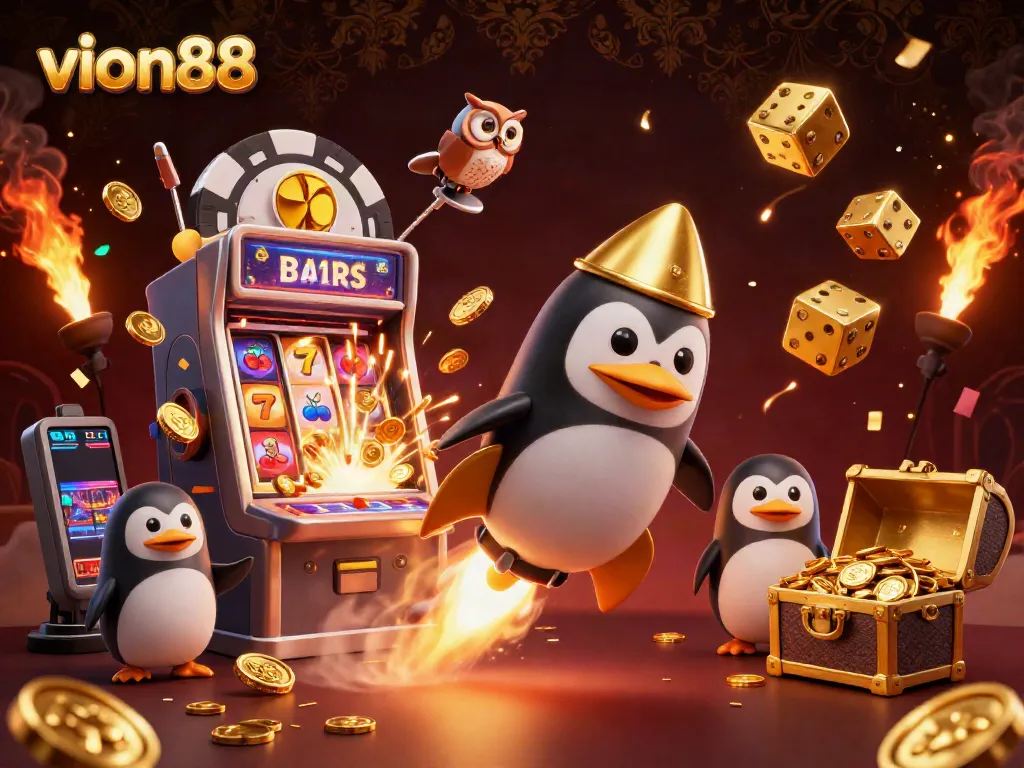Spin the reels at vion88 with a golden penguin and jackpot-themed adventure.