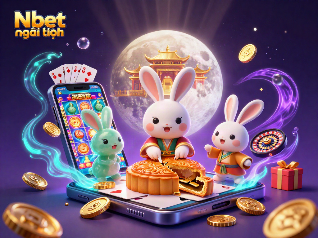 Nbet mới nhất features a whimsical casino scene with a moon rabbit surrounded by games and treasures.