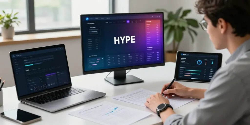 Focused analyst reviewing HYPE staking data in a modern financial tech workspace.