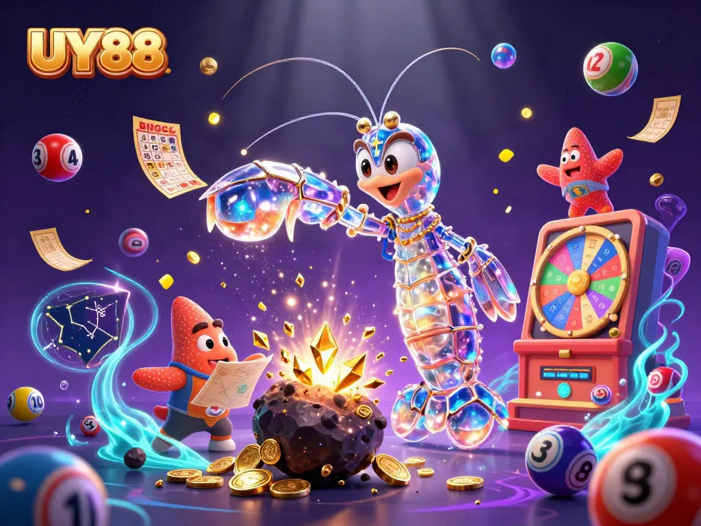 Experience gaming thrills with UY88's vibrant 3D illustration, featuring animated characters and colorful casino elements.