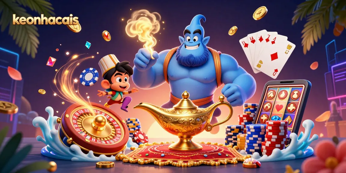 Engage in thrilling gameplay at keonhacais featuring a dynamic scene with casino elements, genie, and magical cards.