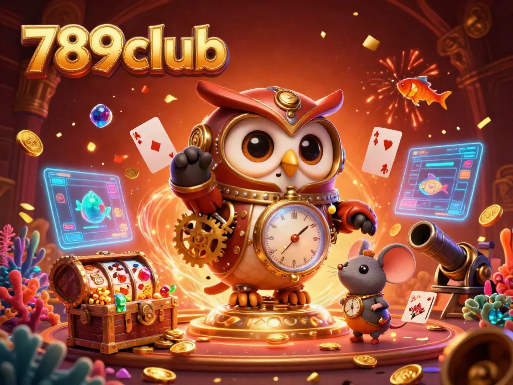 Engage in thrilling gameplay with the vibrant 789club casino illustration showcasing steampunk owl and dynamic gaming elements.