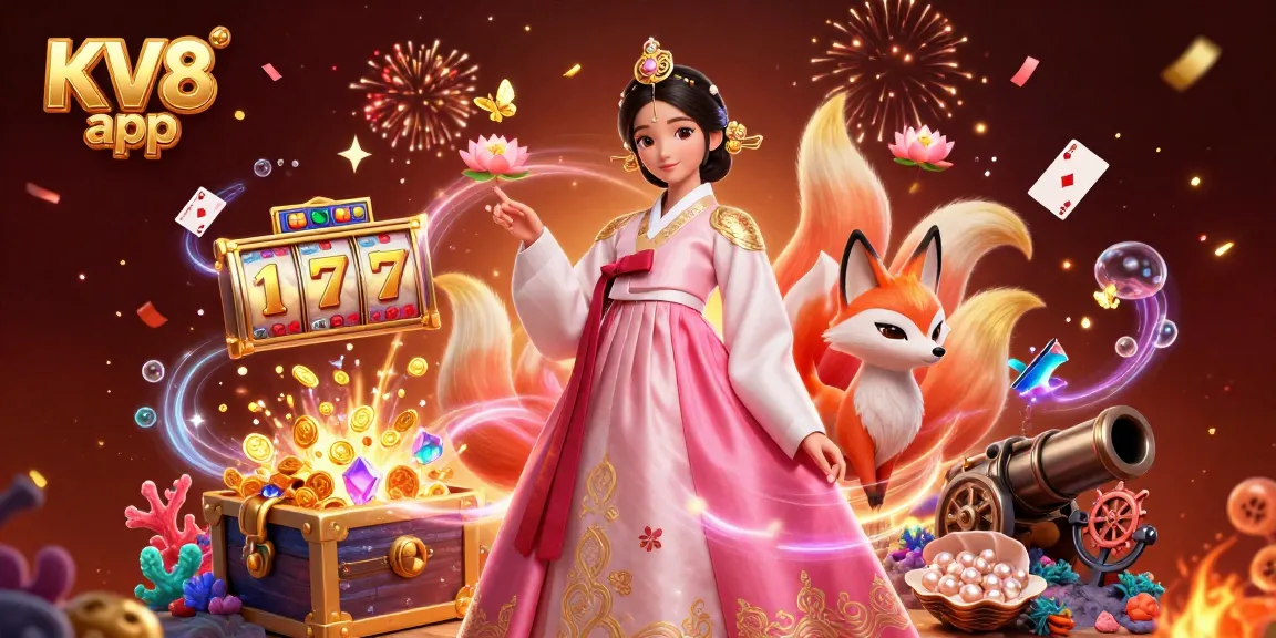 Win big with the KV8 app in a vibrant casino-themed 3D scene filled with slots and treasures.