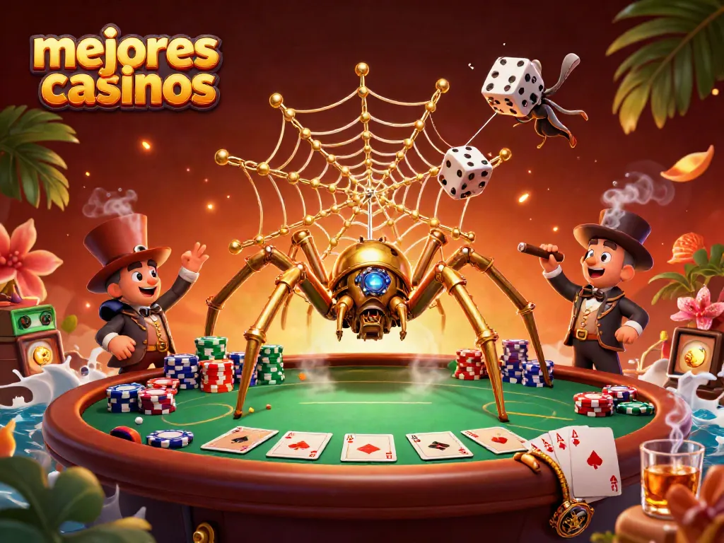 Ilustración 3D de una araña steampunk dorada atrapando dados, representando los mejores casinos.