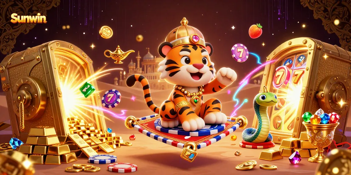 Engage in exciting gaming adventures with Sunwin, featuring a vibrant tiger sultan and treasure elements.