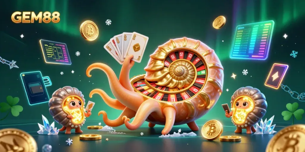 Experience thrilling gameplay with GEM88's ancient giant nautilus and crypto elements in a vibrant casino setting.