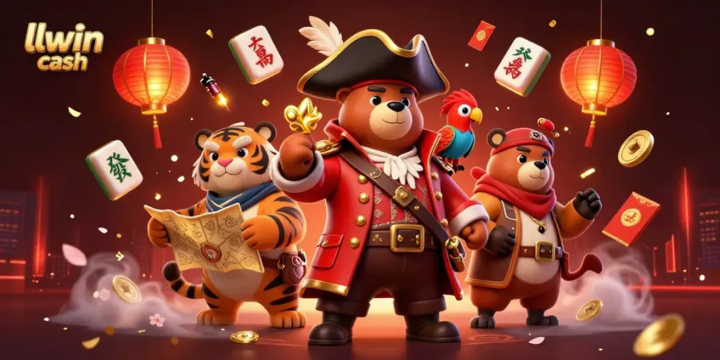 Experience the thrill of llwin cash with a vibrant 3D illustration featuring pirate characters amidst casino symbols.
