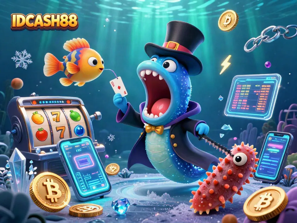 Experience slot magic with IDCASH88 in a vibrant 3D casino scene featuring playful sea creatures and crypto elements.