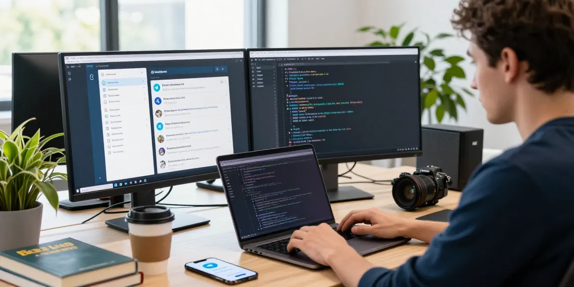 Seamless productivity with Telegram Download displayed on multiple devices in a modern workspace.