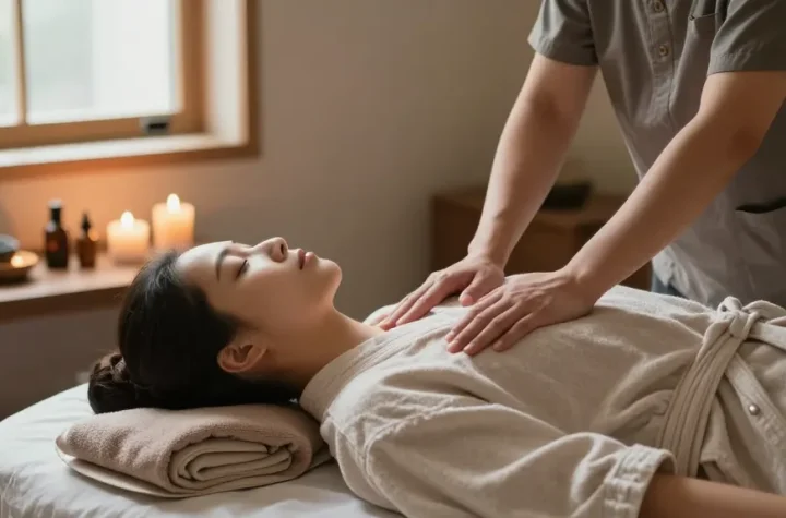 부평출장마사지 session with a professional therapist providing soothing care in a peaceful setting.