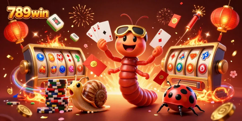 Experience the thrill of 789win with vibrant casino action illustrated through a millipede dealer, dynamic games, and festive energy.