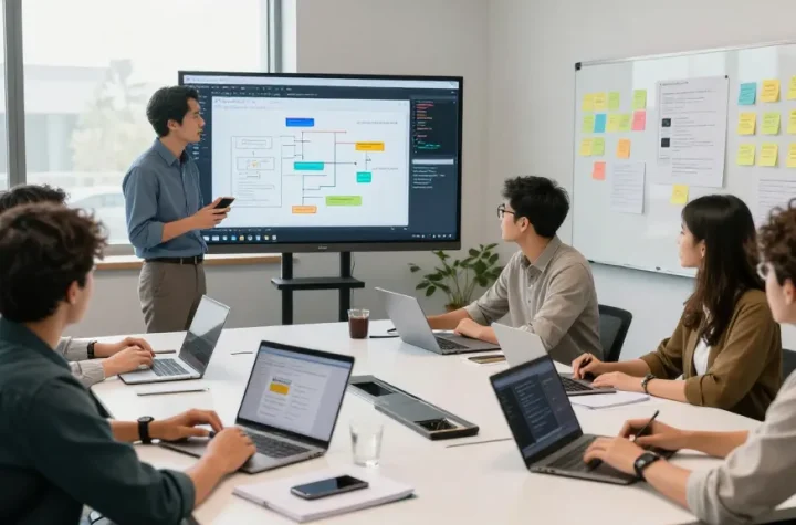 Building internal tools with AI in a modern collaborative workspace, showcasing teamwork and innovation.