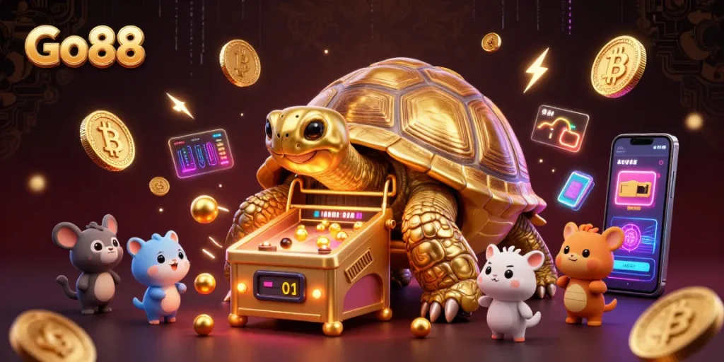 Experience the excitement of Go88 with a vibrant 3D casino scene featuring a golden tortoise pinball!