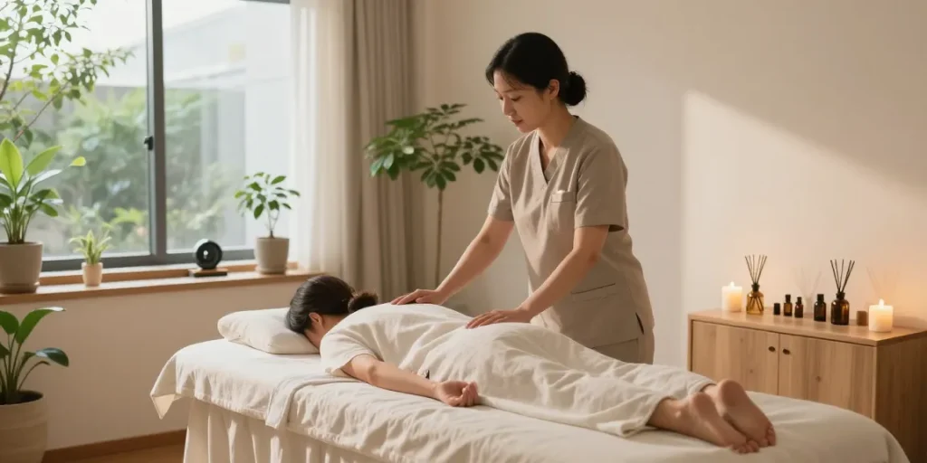 Relaxing massage therapy room promoting 은평구출장마사지 services with calming elements and warm ambiance.