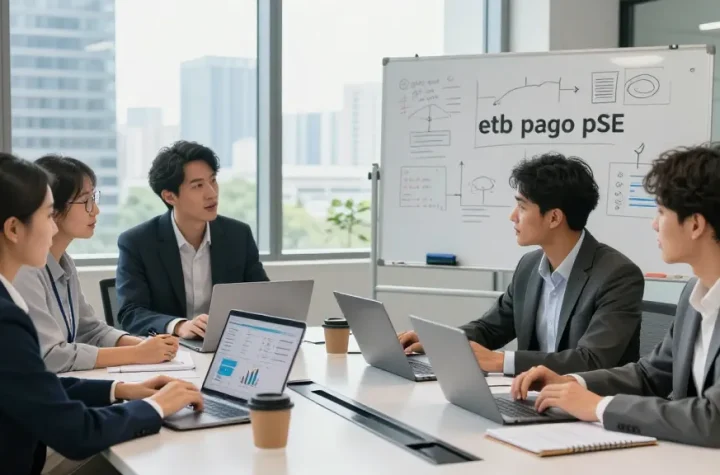 Equipo trabajando en soluciones de etb pago pse en una oficina moderna.