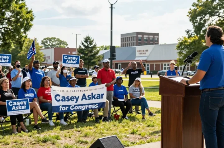 Casey Askar addressing supporters at a political rally in FL-22, showcasing community engagement.